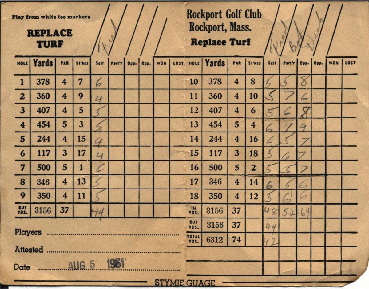 The back of a 1951 Rockport Golf Club scorecard