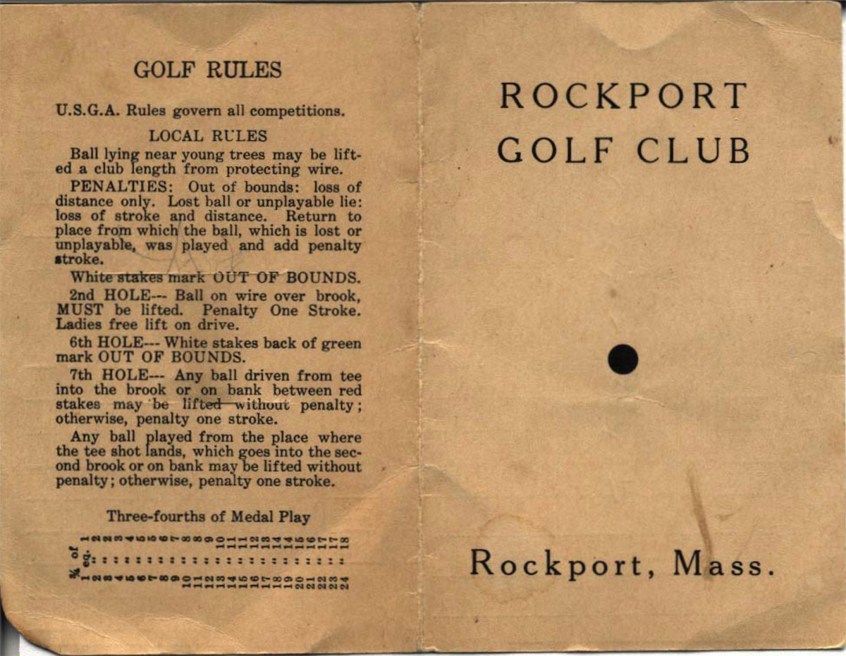 The front of a 1951 Rockport Golf Club scorecard